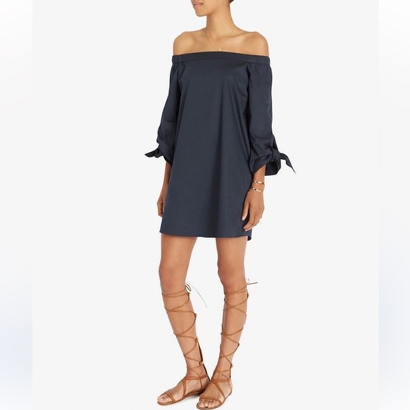 Tibi Off-Shoulder Navy Blue Shift Dress Wylie Satin Bow Sleeves Mini Size 0 XS - Picture 1 of 12